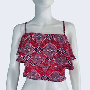 Millau Women’s Medium Crop Top Abstract Geometric Red Top Shirt Sleeveless